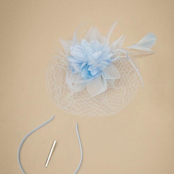 Women Fascinators Hat Light Blue Mesh Feathers Veil Derby Tea Party - Picture 3 of 6